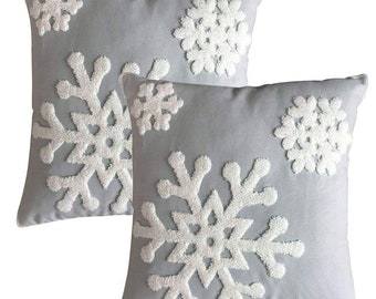 18x18" Soft Canvas Christmas Winter Snowflake Style Cotton Linen Embroidery Throw Pillows Covers Bed Sofa Cushion Kid Bedding 1 Gray