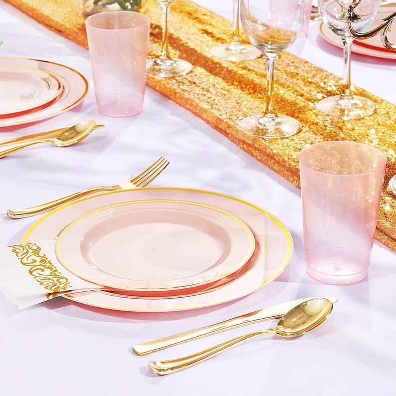 30Guest Pink Plastic Plates With Gold Rim Disposable Gold Etsy