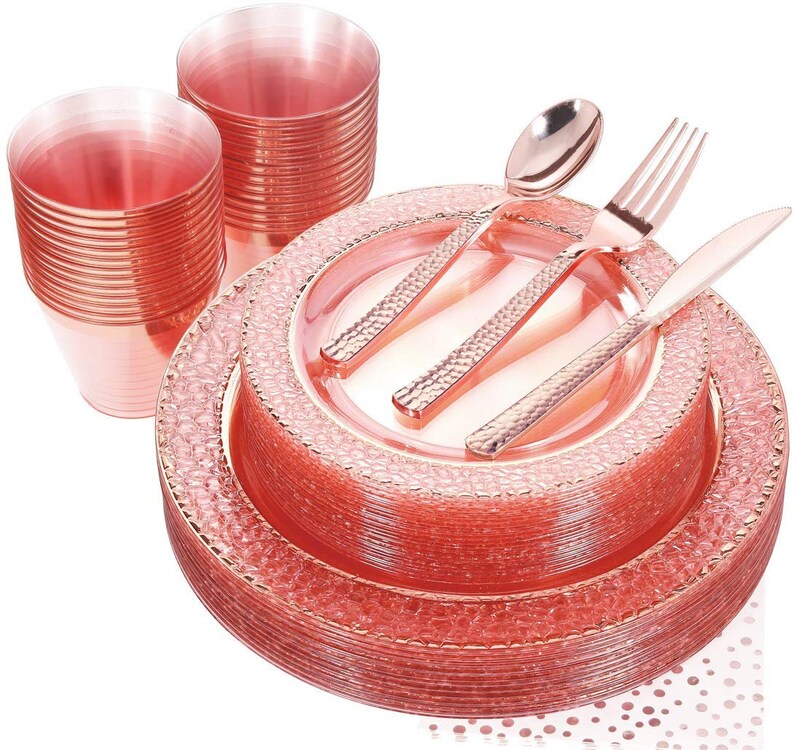175PCS Pink with Rose Gold Rim Disposable Plastic Plates Set Etsy