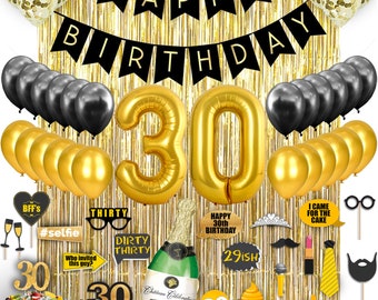 30th Birthday Decorations Her Him Men Women Dirty 30 Birthday Party Supplies Happy Birthday Banner, Gold Foil Curtains, 30 Gold Balloons