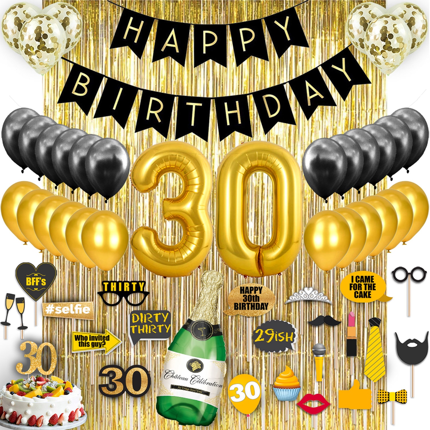 30x Black & Gold 30th Birthday Photo Booth Props Kit Fancy Dress Up Mens Funny 