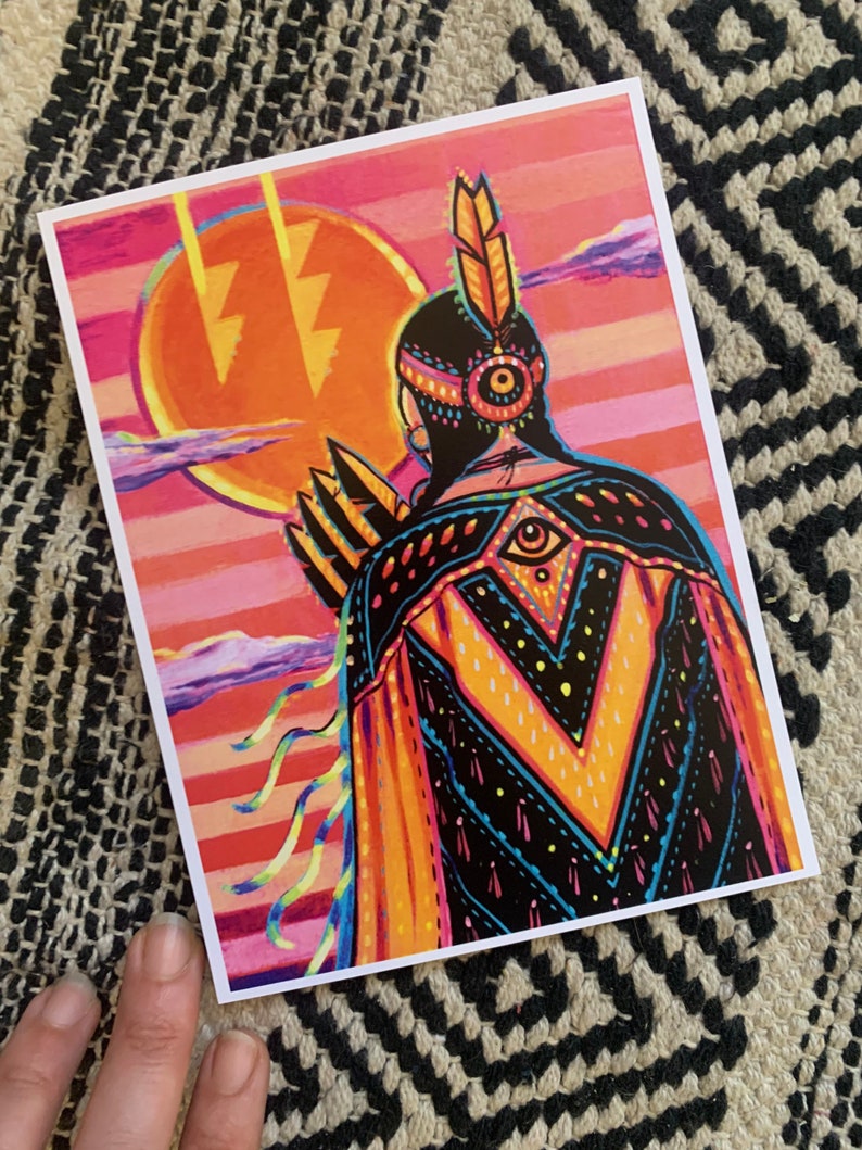 May include: A colorful painting of a person wearing a traditional Native American headdress and clothing. The person is standing in front of a large orange sun with lightning bolts. The background is a pink and orange sunset.