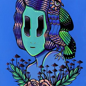 May include: A blue and green painting of a woman with a bird on her shoulder. The woman has large eyes and a blue face. The bird is green and blue with a black beak. The woman is surrounded by a field of mushrooms and flowers.