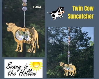 Twin COW in Gold CLEAR Crystal Suncatcher EJ64 sun catcher crystals hunter farmer dairy farm ornament 4-H farmhouse 4H graduation FFA