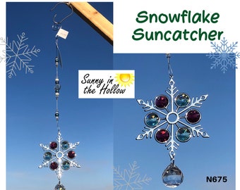 SNOWFLAKE w/ MINT Green and RED N675 Large SIlver Suncatcher Sun Catcher Winter Crystal Ornament secret Santa Christmas gift