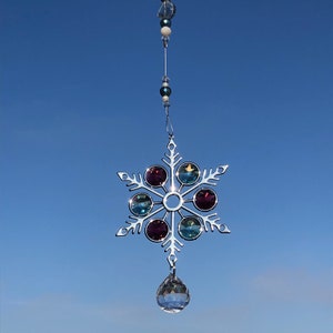 SNOWFLAKE w/ MINT Green and RED N675 Large SIlver Suncatcher Sun Catcher Winter Crystal Ornament secret Santa Christmas gift image 3