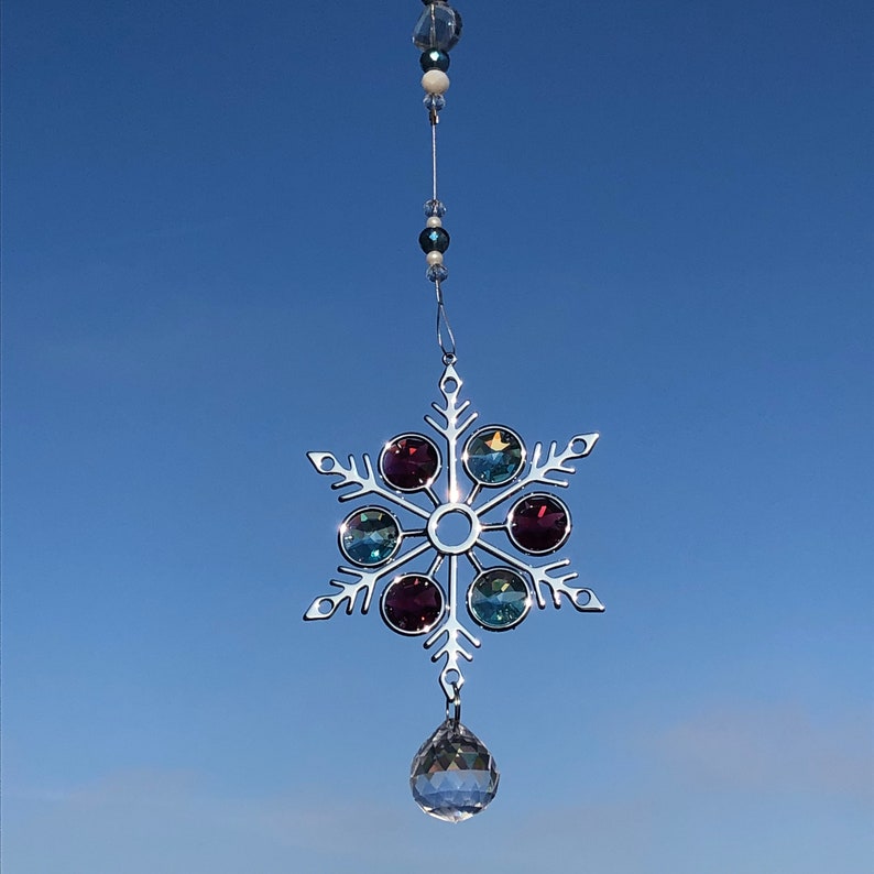 SNOWFLAKE w/ MINT Green and RED N675 Large SIlver Suncatcher Sun Catcher Winter Crystal Ornament secret Santa Christmas gift image 3