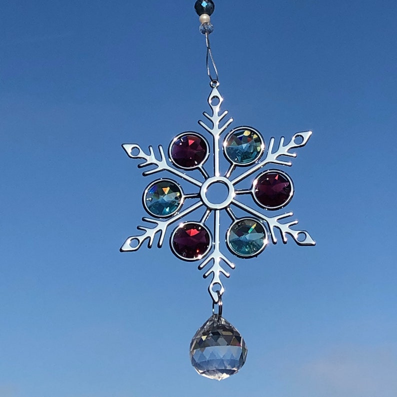 SNOWFLAKE w/ MINT Green and RED N675 Large SIlver Suncatcher Sun Catcher Winter Crystal Ornament secret Santa Christmas gift image 2