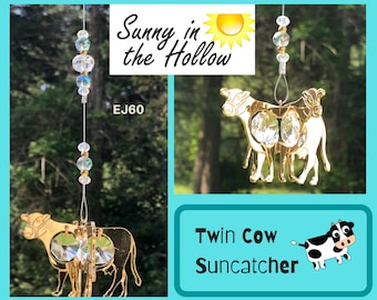 Moooooooo Twin COW in Gold CLEAR Crystal Suncatcher EJ60 sun catcher crystals hunter farmer dairy farm ornament 4-H farmhouse holstein