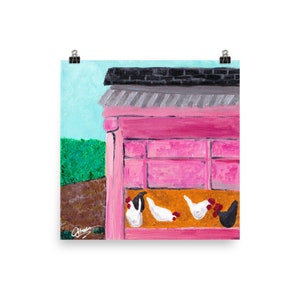Little Pink Chicken Coop - Jessie Unthank Designs - Art Print poster - Farm - Decor - Square - Hens - Acrylic on canvas 12x12 - 16x16