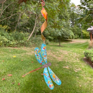 Copper Enamel Metal Dragonfly Spinner by Clever Goods Co- garden decor, garden accessory, plant stakes, yard art, garden art, rain chain