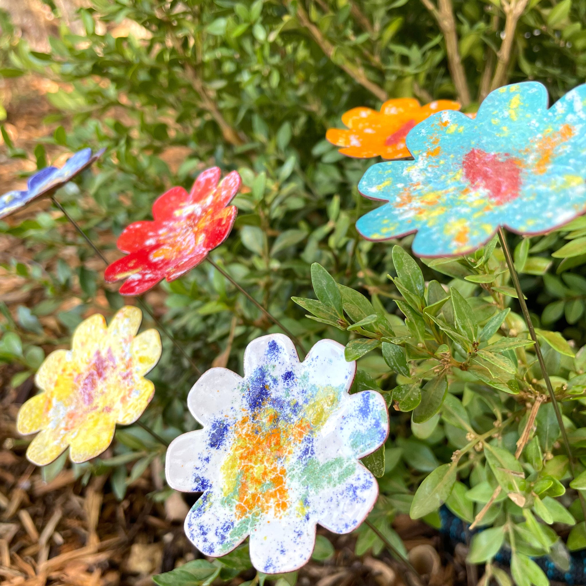Large Enamel Copper Flower Bouquet: Garden Art, Plant Stakes Set of 6