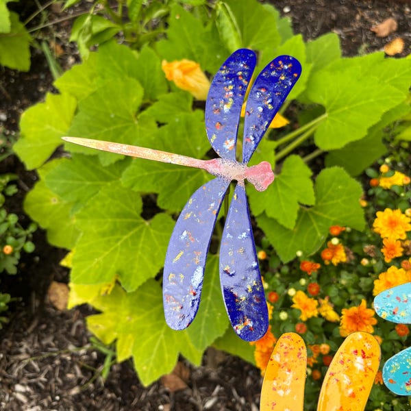 Enamel Copper Dragonfly Garden Stake: Handmade Dragonfly garden art, plant stake, garden decor
