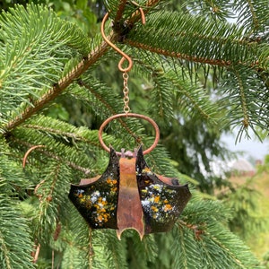 Copper Enamel Bat Garden Decor: Handmade Hanging Chain Art