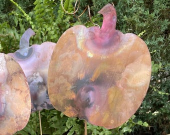 Copper Metal Flat Pumpkin Garden Stake by Clever Goods cool color garden decor, garden accessory, plant stakes, garden art
