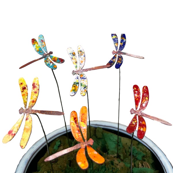 Set of 6 Small Copper Enamel Dragonflies, garden stakes, pot stakes