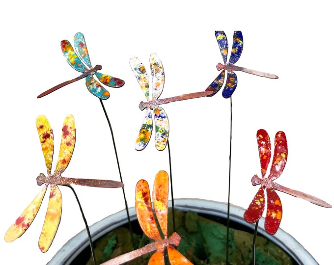 Set of 6 Small Copper Enamel Dragonflies, garden stakes, pot stakes