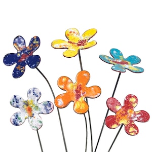 Set of 6 Small Copper Enamel Flowers, garden stakes, pot stakes