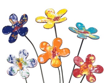 Set of 6 Small Copper Enamel Flowers, garden stakes, pot stakes