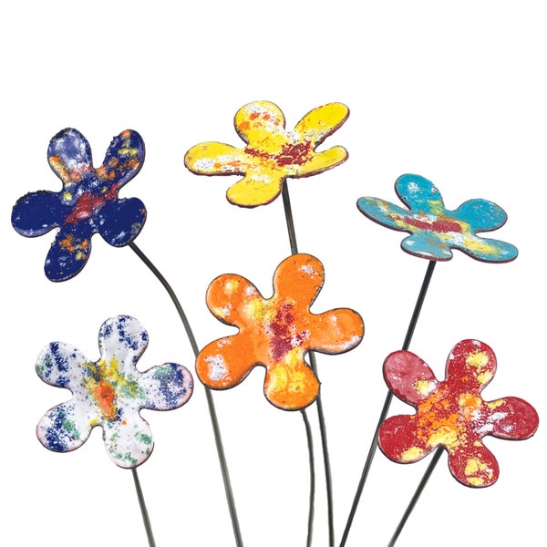 Set of 6 Small Copper Enamel Flowers, garden stakes, pot stakes