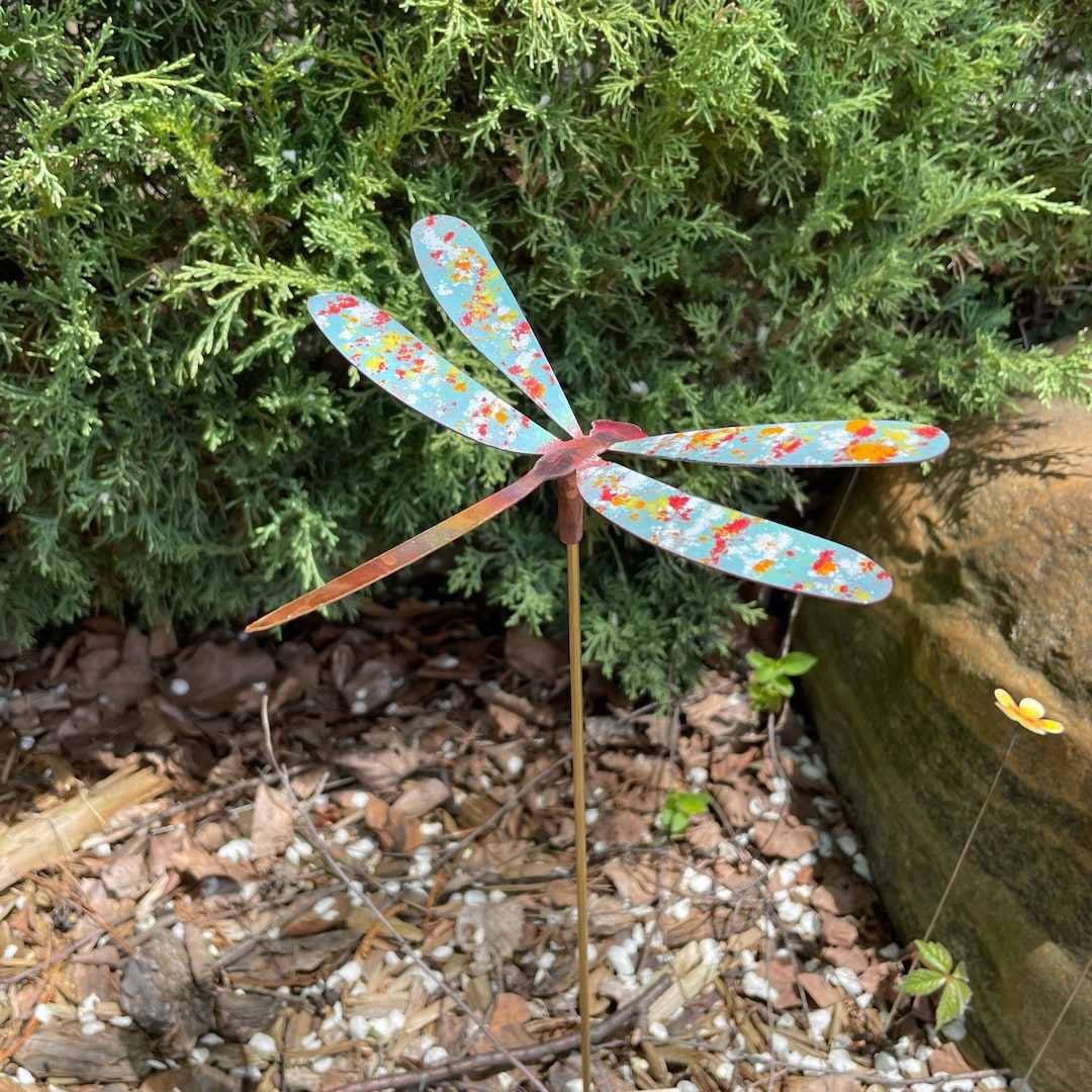 Enamel Copper Dragonfly Garden Stake: Colorful Metal Yard Art - Etsy
