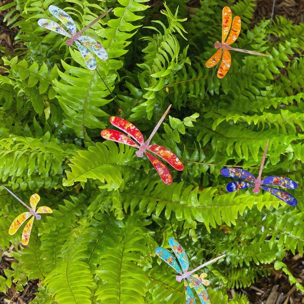 Medium Copper and Enamel Dragonfly Stick- plant pick, flower pick, small garden decoration, handmade