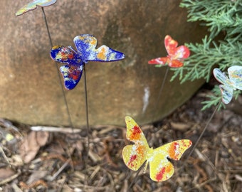 Set of 6 Small Copper Enamel Butterflies, garden stakes, pot stakes