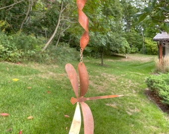 Copper Metal Dragonfly Spinner by Clever Goods Co- garden decor, garden accessory, rain chain, yard art, garden art, kinetic, dragonflies