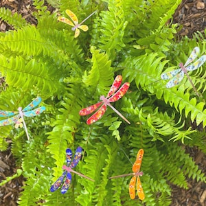 Small Enamel Copper Dragonfly Bouquet: Garden Art Plant Picks Set of 6