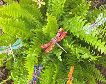 Small Enamel Copper Dragonfly Bouquet: Garden Art Plant Picks Set of 6
