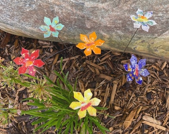 Medium Enamel Copper Flower Bouquet: Metal Garden Art Plant Stakes Set of 6