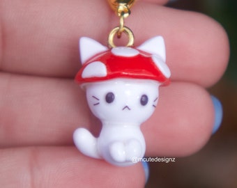 Mushroom Kitten Charm - Polymer Clay Handmade Cat Gifts - Planner Charm - Stitch marker