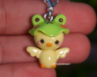 Kawaii Duck wearing a Froggie Hat Charm - Polymer Clay Handmade Jewelry Gifts