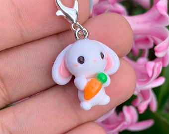 Bunny holding a Carrot Charm - Polymer Clay Handmade Easter Gifts - Kawaii Cute Jewelry Animals - Rabbit