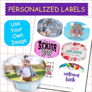 May include: A sheet of personalised labels with various designs. The labels include text such as "Thank You for Celebrating With Us", "Happy Holidays", and "Welcome Back". One label features a photo of a child. The top banner reads "PERSONALIZED LABELS".