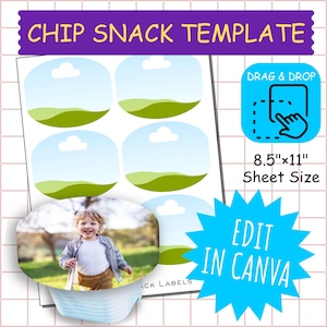 May include: A sheet of chip snack labels with a landscape design, featuring blue skies, green hills, and white clouds. The sheet size is 21.6cm x 27.9cm. The text "CHIP SNACK TEMPLATE", "DRAG & DROP", and "EDIT IN CANVA" are also visible.