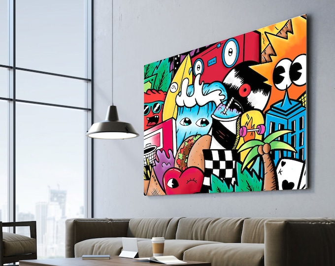 Featured listing image: Extra Large Wall Art, Street Art Canvas Art Print, Living Room Wall Art, Game Room Décor, Colorful Gift For Teenager, Gift For Him