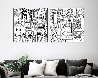 Extra Large Black And White Wall Art, Modern Pop Art Set, Graffiti Art Canvas, Living Room Décor, Office Wall Art., Office Wall Art