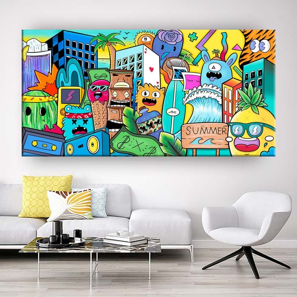 Grande peinture de style graffiti, peinture Kfir Tager, impression d'art sur toile street art, art mural salon, décoration murale chambre d'adolescent