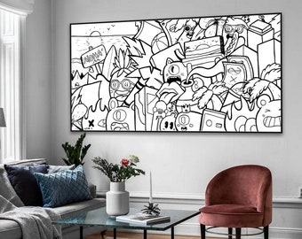 Extra Large Black And White Graffiti Style Pop Art Print, Street-Art-Style Illustration,Summer Wall Art, Office Wall Art