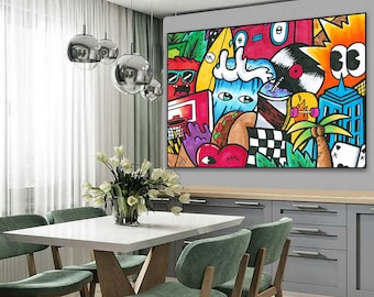 Graffiti Wandkunst, Kfir Tager Malerei, Street Art Leinwand, Wohnzimmer Wandkunst, Spielzimmer Dekor, buntes Geschenk für Teenager