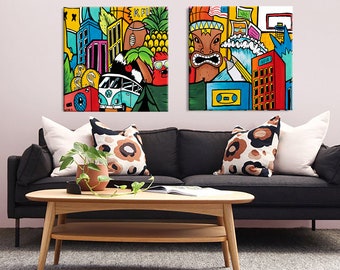 Pop Art Wall Art For Living Room, Set Of 2 Art Print For Office, Canvas Art Print Set, Surfer Art, Tiki Art, Gift For Teenager.