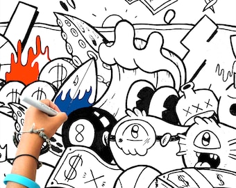KFIR TAGER Iconic Graffiti Style Pop Art Coloring Book, Gift For Boys, Printable Coloring Book for Children, Digital Download PDF, 10 pages