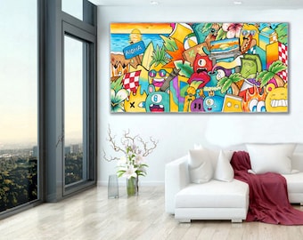 Kfir Tager Colorful Pop Art Painting, Canvas Art Print, Graffiti Wall Art, Horizontal Wall Art, Large Wall Art, Valentine&#39;s Day Gift