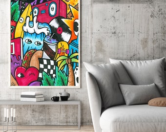 Large Graffiti Wall Art, Colorful Vertical Canvas Art Print, Living Room Wall Décor, Gift For Teenager, Office Gift