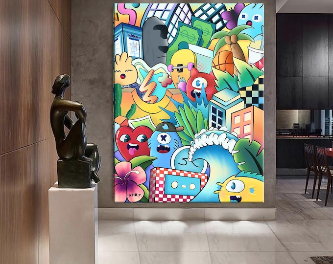 Featured listing image: Kfir Tager Vertical Street Art Painting, Pop Art Canvas Art Print, Living Room Wall Décor, Large Graffiti Style Wall Art, Office Wall Art