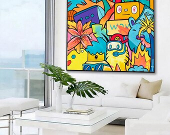 ストリートアート風 キャンバスアート インテリアボード 大きなポップアートキャンバスプリント：カラフルなグラフィティの壁
