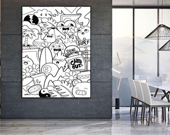 Vertical Graffiti Canvas Print: Black & White Pop Art Wall Decor
