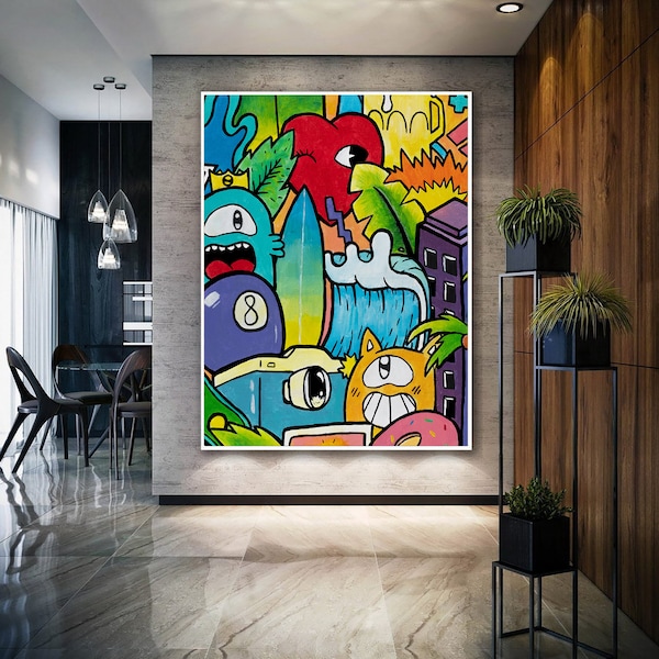 Large Graffiti Style Pop Art Painting, Colorful Canvas Art Print, Vertical Office Art, Street Art Wall Art Gift For Dorm, Gift For Him