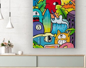 Large Graffiti Pop Art Canvas Print: Colorful Street Art for Dorm